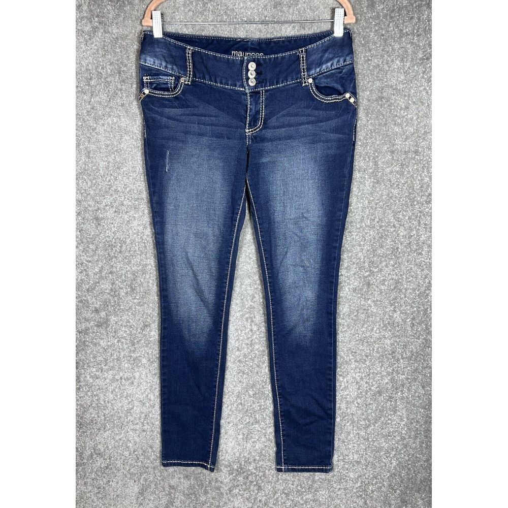 Maurices Jeans Women Size Medium Low Rise Skinny Blue Distressed Stretch‎ Denim